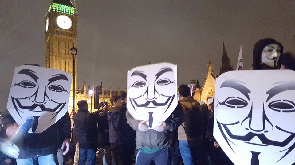 Anonymous Masks, large, in parliament Square Anonymous Masks, large, in parliament Square