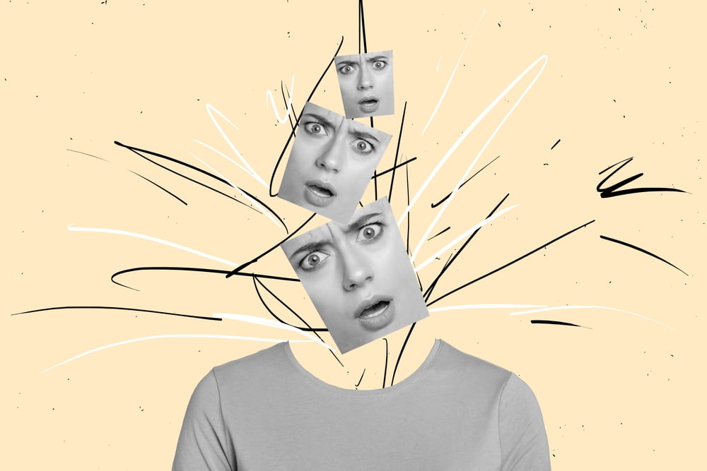 creative,collage,image,mental,illness,woman,shocked,stupor,emotional,expression