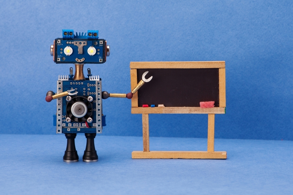 distance,education,online,learning,concept.,robot,teacher,,abstract,classroom,interior