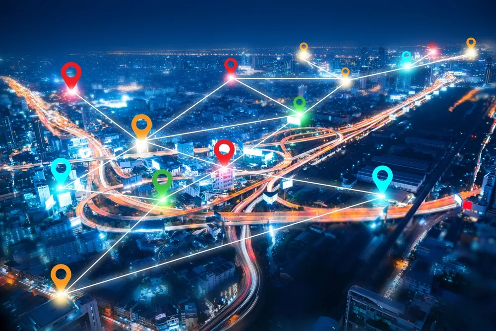 colorful,pin,landmark,location,on,aerial,view,of,modern,downtown