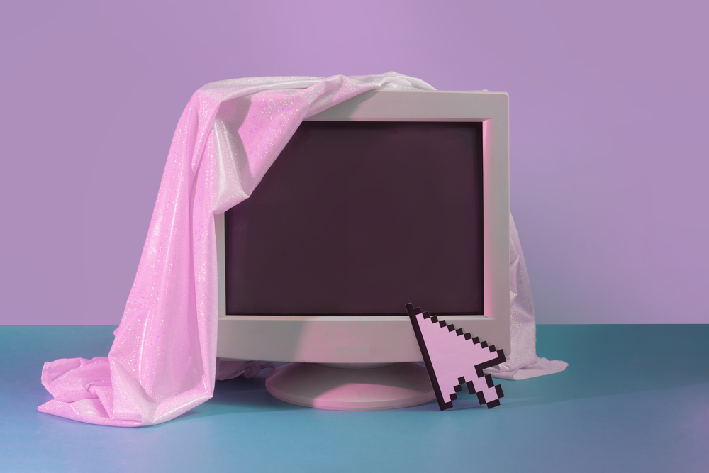 vintage,style,concept,with,old,monitor,screen,and,glitter,fabric.