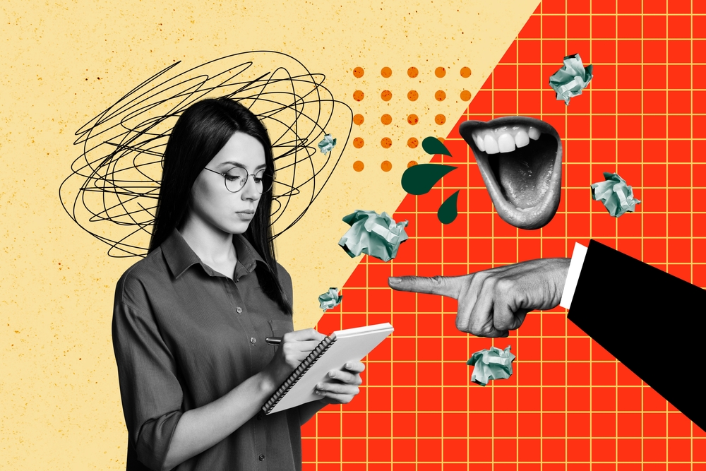 creative,abstract,template,collage,of,bullying,boss,reprimand,scolding,employee