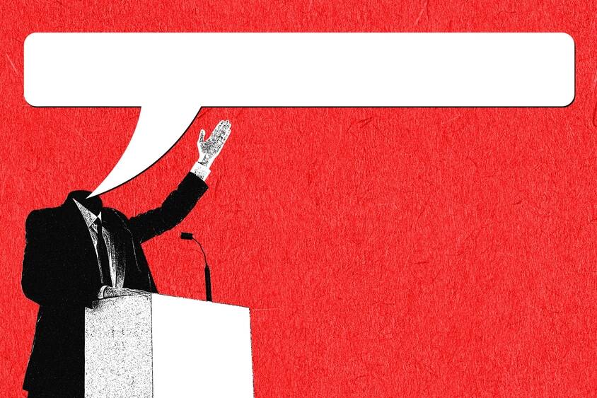 man,,presidential,candidate,standing,on,tribune,with,giant,empty,speech