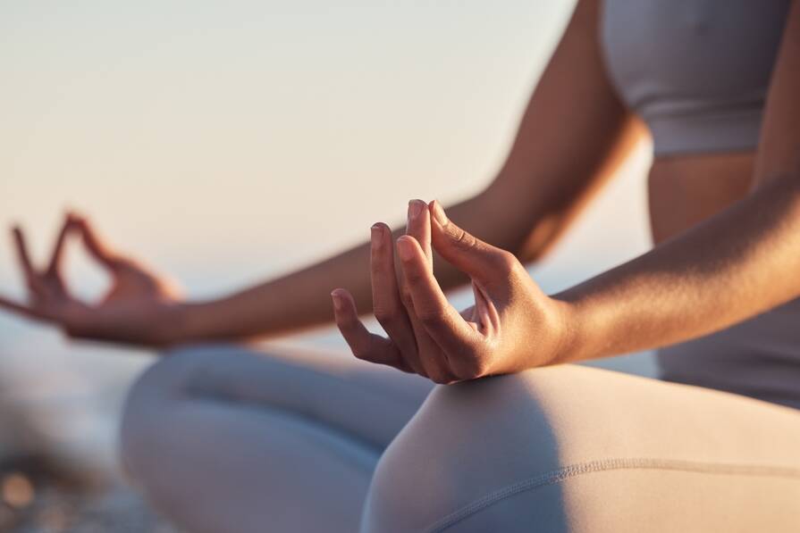 woman,,hands,or,lotus,pose,meditation,on,sunset,beach,,ocean