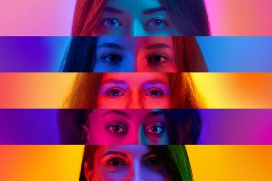 collage,,female,eyes,placed,on,narrow,stripes.,different,young,women