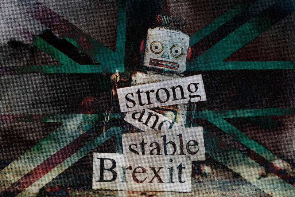 brexit,fail,concept,with,retro,robot,old,post,card,texture