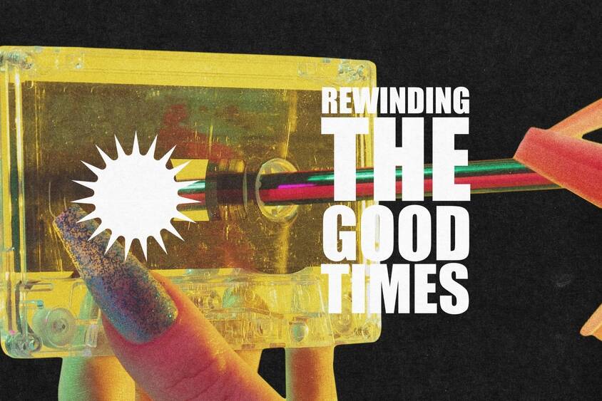 poster.,contemporary,art,collage.,rewinding,the,good,times.,hand,with