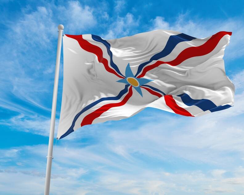 flag,of,the,assyrians,waving,in,wind,at,cloudy,sky.