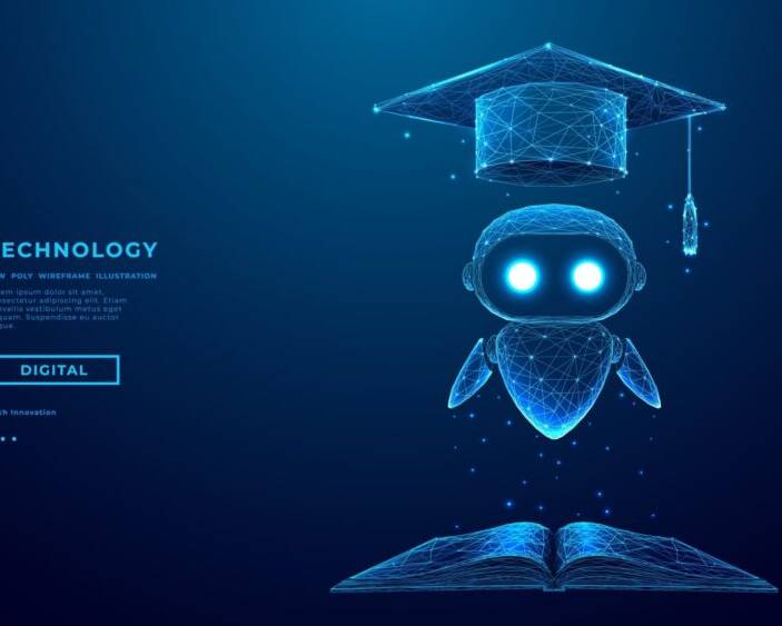 abstract,hologram,of,ai,robot,in,graduation,cap,fly,over