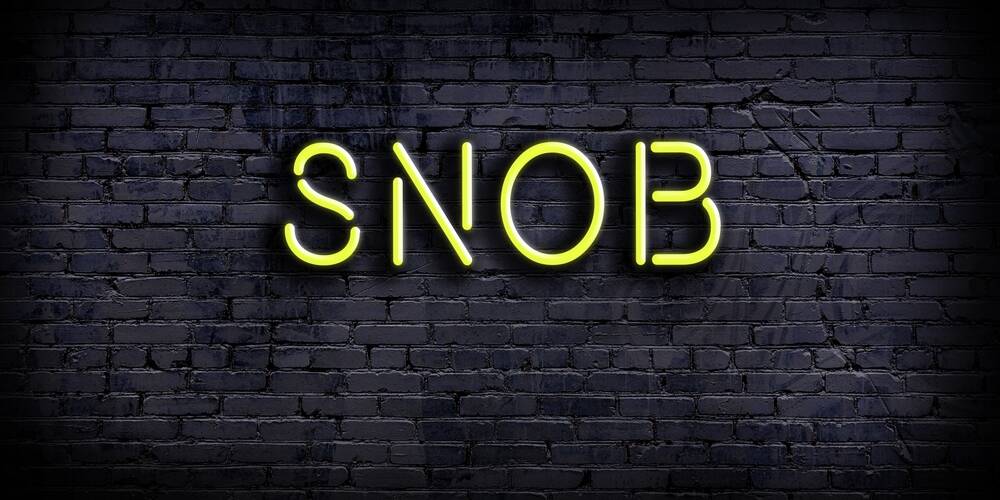 neon,sign,with,inscription,snob,against,brick,wall.,night,view