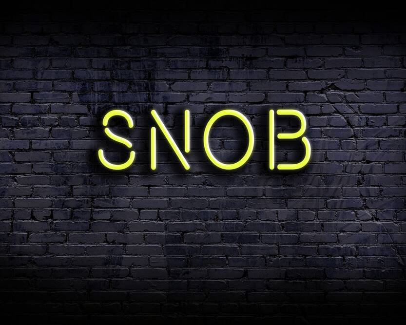 neon,sign,with,inscription,snob,against,brick,wall.,night,view